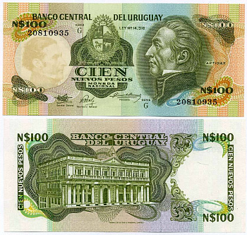 Уругвай 100 новых песо ND (1987) серия G, Хосе Хервасио Артигас Pick 62A бумага UNC (пресс) 8592-16-1-2