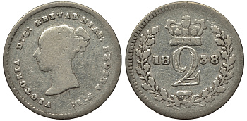 Великобритания 2 пенса 1838 Виктория (1837-1901), для обращения в Британской Гвиане и некоторых частях Британской Вест-Индии KM 729, Spink 3914E серебро 1524-425