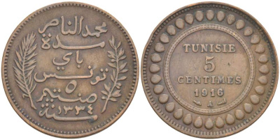 Тунис 5 сантимов 1916 A KM 235 бронза     4523-812