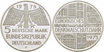 ФРГ 5 марок 1975 F, Европейский год охраны памятников J. 417, KM 142.1 серебро PROOF 650-1332