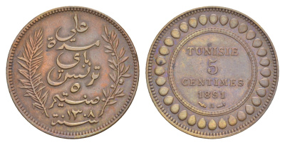 Тунис 5 сантимов 1891 A KM 221 бронза 4654-1142