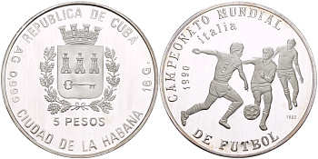 Куба 5 песо 1989 чемпионат мира по футболу в Италии 1990 года, три игрока KM 225 серебро PROOF 1071-2-41