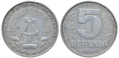 ГДР 5 пфеннигов 1972 A KM 9.1 алюминий 62-233