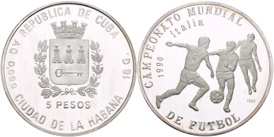 Куба 5 песо 1989 чемпионат мира по футболу в Италии 1990 года, три игрока KM 225 серебро PROOF 1071-2-41