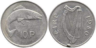 ИРЛАНДИЯ 10 ПЕНСОВ 1980 ЛОСОСЬ KM 23 медно-никель 32-714