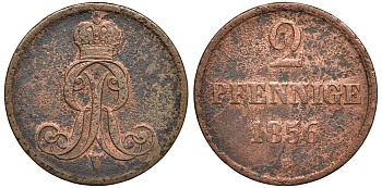 Брауншвейг-Каленберг-Ганновер 2 пфеннига 1856 B, Георг V (1851-1866) KM 217,  AKS 152, J. 84 медь 4142-126