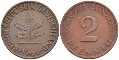 ФРГ 2 пфеннига 1966 J KM 106, J.381 бронза 4396-1558