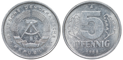 ГДР 5 ПФЕННИГОВ 1988 А алюминий 62-557