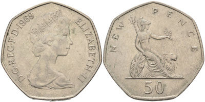 Великобритания 50 пенсов 1969 Елизавета II (1952-2022) KM 913, Spink 4223 (H1) медно-никель 4578-131