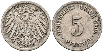 ГЕРМАНИЯ 5 ПФЕННИГОВ 1906 D, KM 11, J. 12 медно-никель 75-927