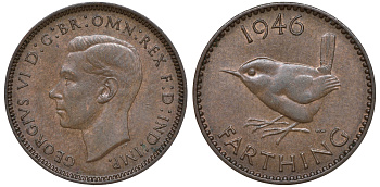 Великобритания 1 фартинг 1946 Георг VI (1936-1952) KM 843, Spink 4116 бронза 4609-1056