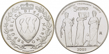 Сан-Марино 5 евро 2003 три грации KM 468 серебро UNC 1087-6-51