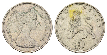 Великобритания 10 новых пенсов 1968 Елизавета II (1952-2022) KM 912, Spink 4231 (F1) медно-никель 4140-224