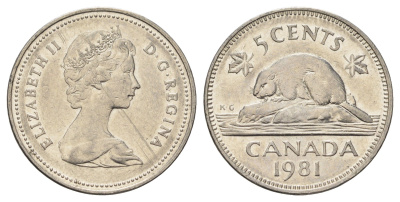 Канада 5 центов 1981 Елизавета II (1952-2022), бобр KM 60.2 никель 4689-419