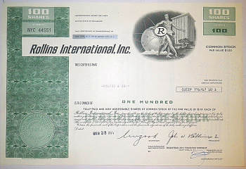 США, ROLLINS INTERNATIONAL, INC. 100 акций 1974 США бумага 8805-29-1