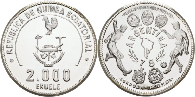 Экваториальная Гвинея 2000 экуэле 1979 чемпионат мира по футболу в Аргентине 1978 года, вес 42,87 гр., тираж 195 экз. KM 38 серебро PROOF 04-320-43