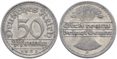 ГЕРМАНИЯ 50 ПФЕННИГОВ 1921 GF KM 27, J. 301 алюминий 77-556