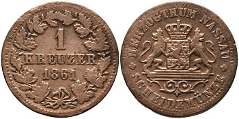 Нассау 1 крейцер 1861 Герцог Адольф (1839-1866) KM 54 медь 117-511
