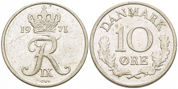 ДАНИЯ 10 ЭРЕ 1971 C; S, ФРЕДЕРИК IX (1947-1972) KM 849.1 медно-никель 3309-157