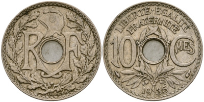 Франция 10 сантимов 1935 KM 866a медно-никель 51-2731