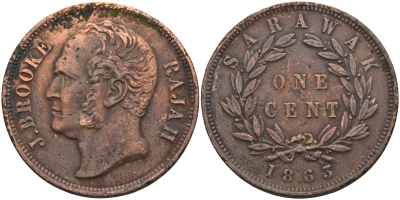 Саравак 1 цент 1863 раджа Джеймс Брук, Королевство Саравак (1846 - 1946) KM 3 медь 4590-621