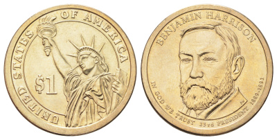 США 1 доллар 2012 P, Президент США - Бенджамин Гаррисон (1889–1893) KM 526 медь с марганцево-латунным покрытием UNC 4695-922