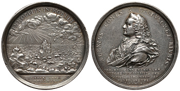 Россия медаль 1762 на назначение графа Бестужева-Рюмина фельдмаршалом, 52,1 мм, 59,4 гр Дьяков 111.1 R3 серебро 10-009-37