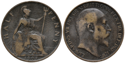 Великобритания 1/2 пенни 1907 Эдуард VII (1901-1910) KM 793.2, Spink 3991 бронза 34-1016