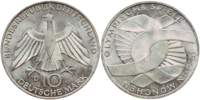 ФРГ 10 марок 1972 D, XX летние Олимпийские игры 1972 года в Мюнхене, символика KM 131, J.402 серебро aUNC 1522-344