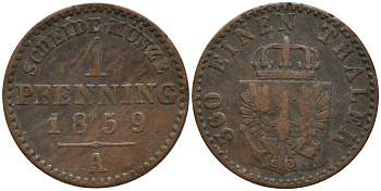 Пруссия 1 пфенниг 1859 A, Фридрих Вильгельм IV (1840-1861) KM 451 медь 4532-361