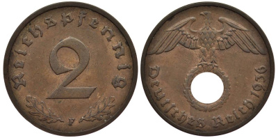 ГЕРМАНИЯ 2 РЕЙХСПФЕННИГА 1936 F, РЕДКАЯ KM 90, Jager 362 бронза 4546-853