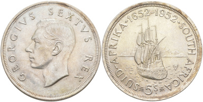 ЮАР 5 шиллингов 1952 Георг VI (1937-1952), 300 лет основания Кейптауна, парусник KM 41 серебро aUNC 1074-4-11