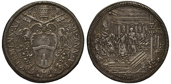 Ватикан 1 пиастр ANN VI (1705/1706) Климент XI. Папа держит проповедь в церкви Санта-Мария-Маджоре Dav. 1434, Muntoni 45 серебро 00-000-00