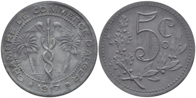 Алжир, Французская оккупация 5 сантимов 1917 Alger Chamber of Commerce KM TnA3 цинк 5010-543
