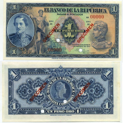 Колумбия 1 песо 1947 7 августа 1947, генерал Сантандер, бюст Симона Боливара, просечки, образец, Specimen, Pick 380s бумага UNC (пресс) 00-00