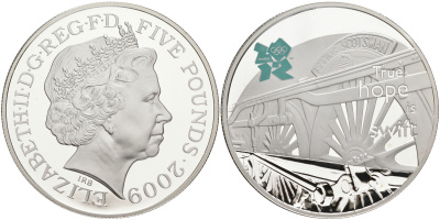 Великобритания 5 фунтов 2009 Елизавета II (1952-2022), XXX летние Олимпийские Игры. Празднование в Британии - Летающий шотландец KM 1142, Spink LO40 серебро PROOF 02-252-34