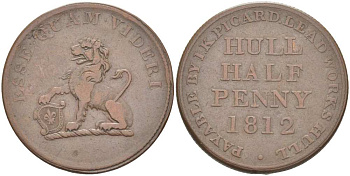 Великобритания 1/2 пенни 1812 Йоркшир - Халл Withers 785, Davis 95 медь 1518-1533