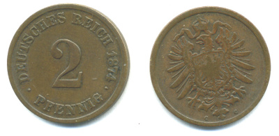 ГЕРМАНИЯ 2 ПФЕННИГА 1874 С, СТАРОГЕРБОВКА KM 2, J. 2 медь 3999-1163