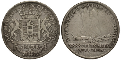 Австрия, Галиция и Лодомерия 30 крейцеров 1776 IC-FA Мария Терезия (1740-1780), PURA VIEN, ВЕС 9,06 ГР. KM 3, Herinek 779, Eypeltauer 234 серебро 00-000-00