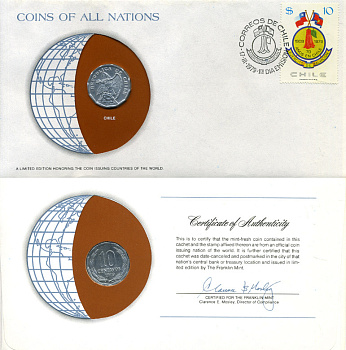 Чили 10 сентаво 1979 конверт с маркой первого дня гашения, Coins of Nations KM 205a алюминий  UNC   4294-74-1