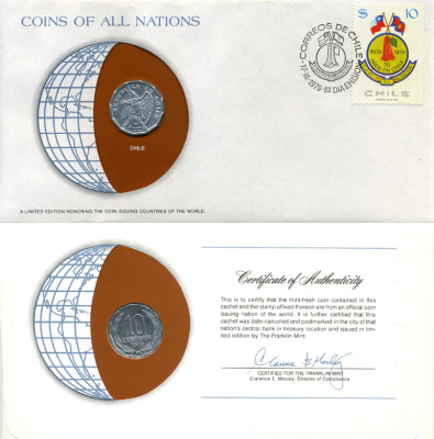 Чили 10 сентаво 1979 конверт с маркой первого дня гашения, Coins of Nations KM 205a алюминий  UNC   4294-74-1
