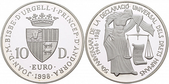 Андорра 10 динеров 1998 50 лет подписанию декларации по правам человека KM 143 серебро PROOF 1068-2-32