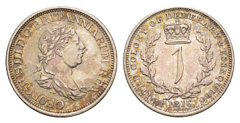 Демерара и Эссекибо 1 гульден 1816 TW, Георг III (1760-1820) KM 13 серебро 00-821-40