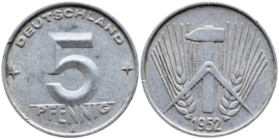 ГДР 5 ПФЕННИГОВ 1952 А KM 6 алюминий 4392-414