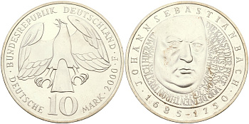 ФРГ 10 марок 2000 F, 250 лет со дня рождения Иоганна Себастьяна Баха KM 202 серебро UNC 04-137-14