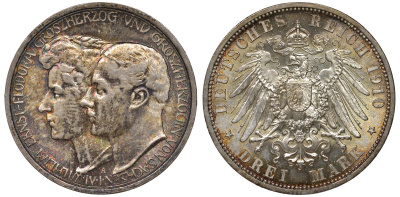 Саксен-Веймар-Эйзенах 3 марки 1910 A, на вторую свадьбу Вильгельма Эрнста и Феодоры Weege 158, J. 162, KM 176 серебро UNC 00-806-41