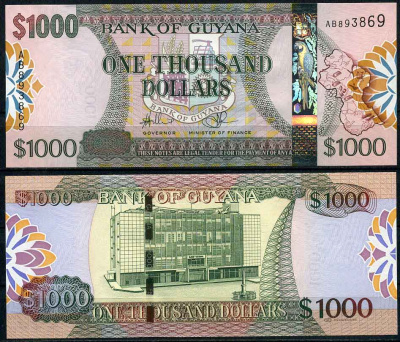 Гайана 1000 долларов ND (2011-2019) серия AB, здание Банка Гайаны Pick 38 (1) бумага UNC (пресс) 447-57-2