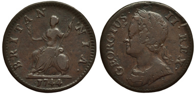 Великобритания 1 фартинг 1744 Георг II (1727-1760) KM 581.1, Spink 3721 медь 1523-1035