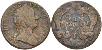 АВСТРИЯ 1 КРЕЙЦЕР 1761 P, МАРИЯ ТЕРЕЗИЯ (1740-1780) KM 1993 медь 180-533