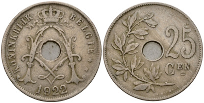 Бельгия 25 сантимов 1922 Belgie KM 69 медно-никель 33-1137